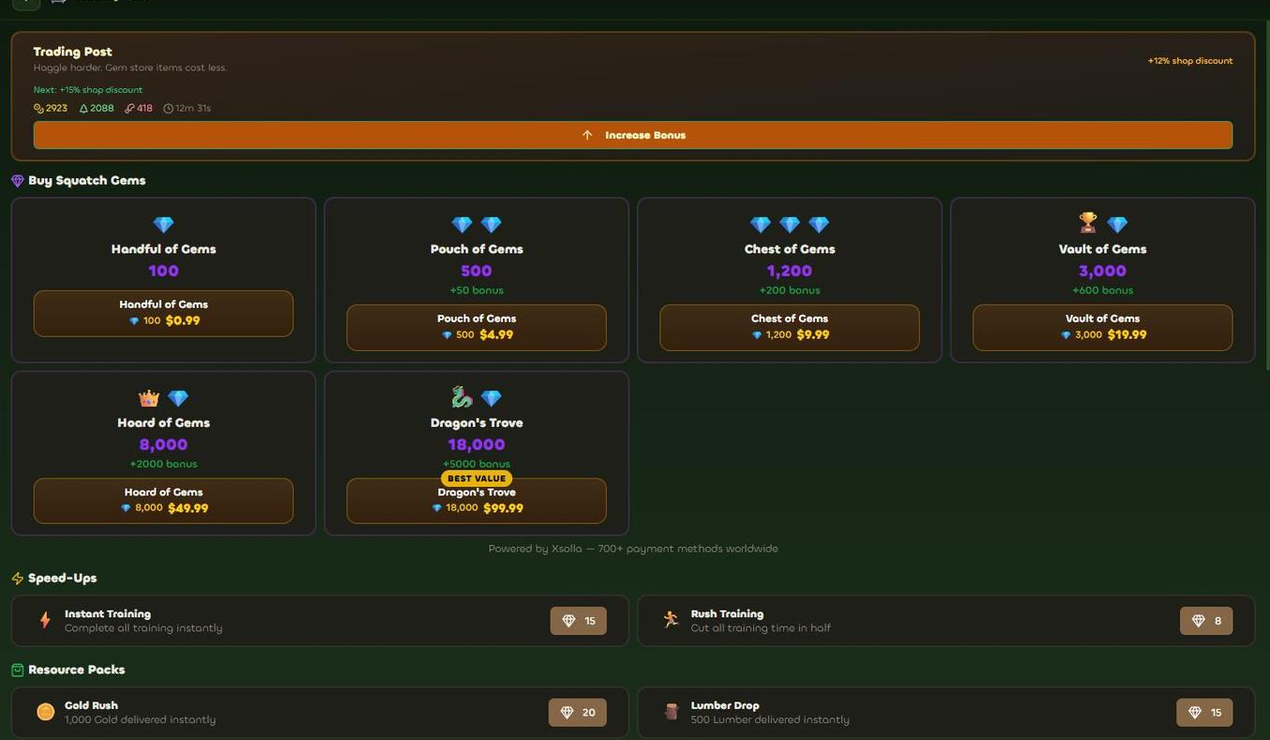 In-game shop with gem packs